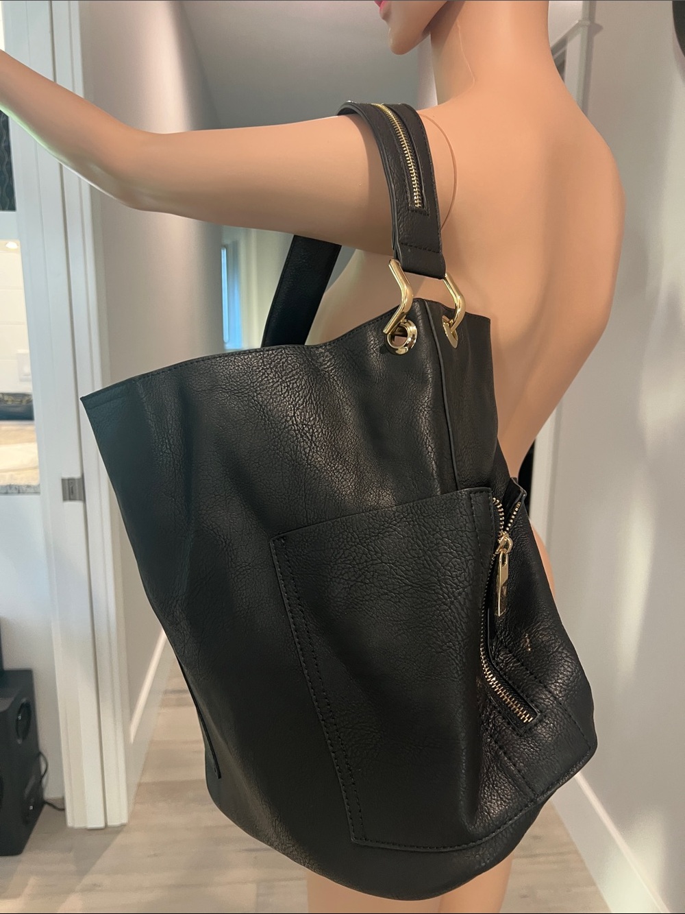 Black Leather Shoulder Tote with Gold Hardware